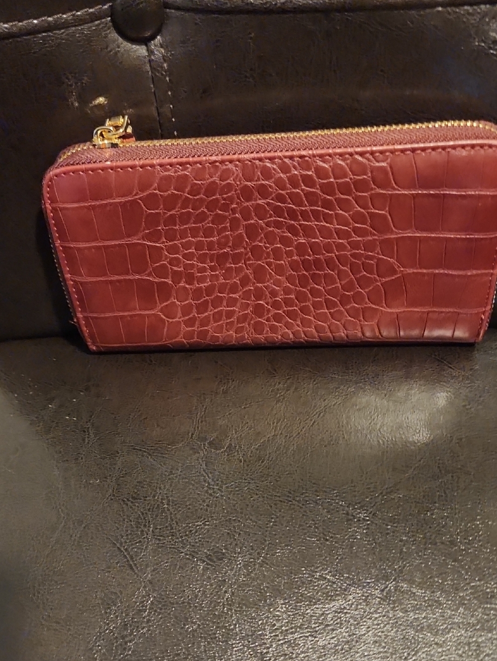 Croc-Embossed Zip Wallet in Deep Burgundy